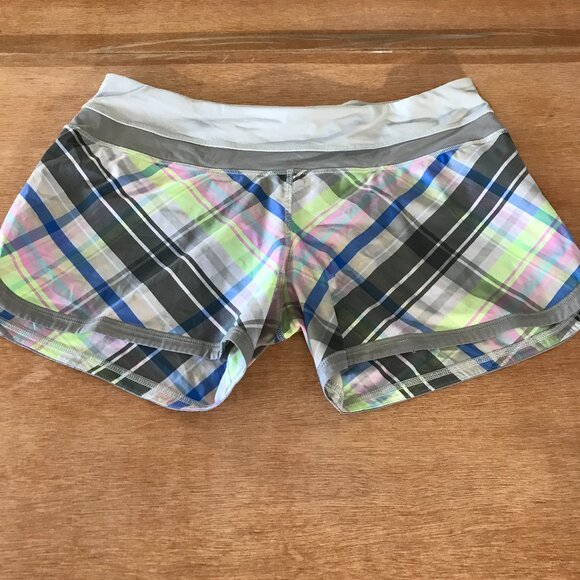 Lululemon Run Speed Athletic Shorts Women 10 Blue Plaid Zip Pocket Athleisure - Picture 1 of 12